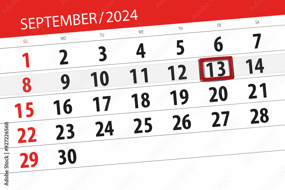 Obraz premium Calendar 2024, deadline, day, month, page, organizer, date, September, friday, number 13