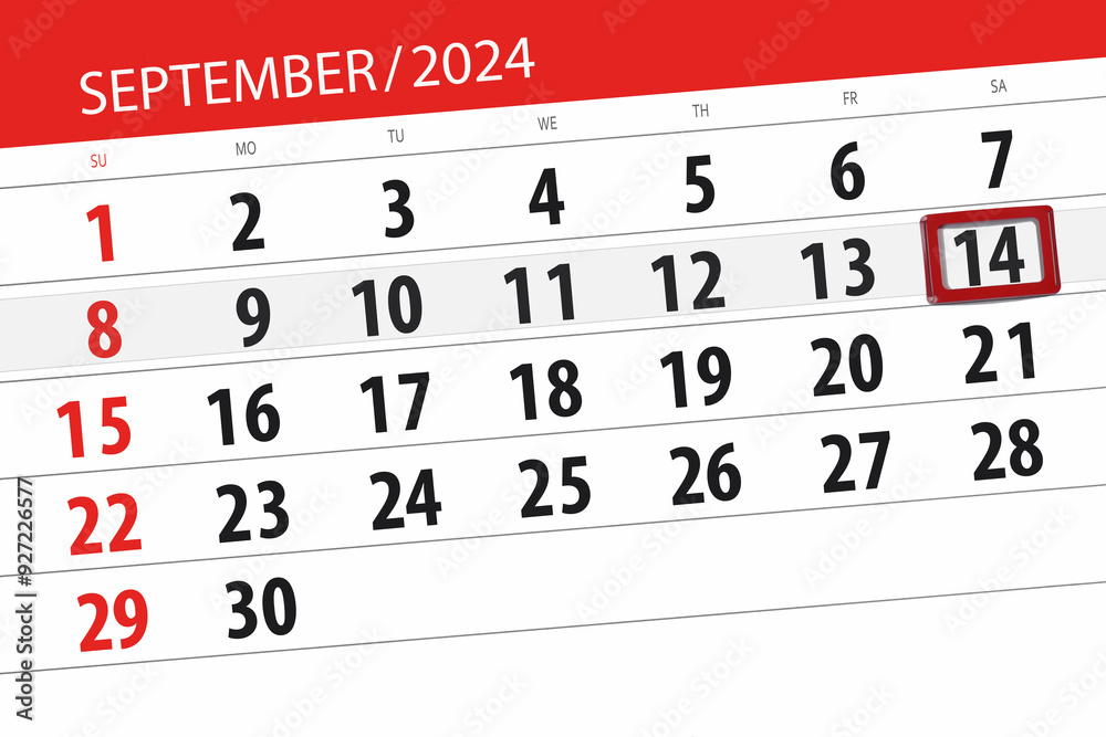 Fototapeta premium Calendar 2024, deadline, day, month, page, organizer, date, September, saturday, number 14