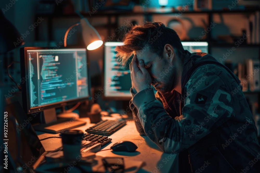 Fototapeta premium Frustrated Programmer Struggling with Code at Night