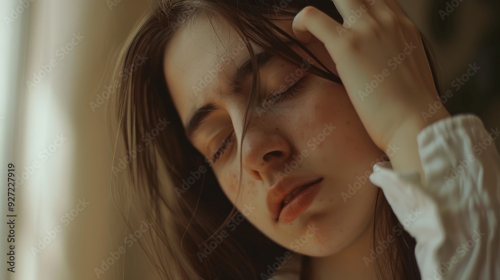 A young woman with long hair closes her eyes and gently touches her forehead, conveying a sense of introspection and tranquility. A young woman with long hair closes her eyes and gently touches her forehead, conveying a sense of introspection and tranquility.