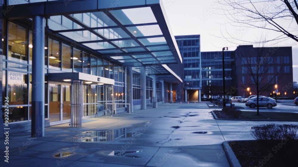 Naklejka premium An empty, modern office building exterior in the evening with reflections on wet pavement, illuminated by soft, ambient lighting, capturing a sense of quiet and calm.