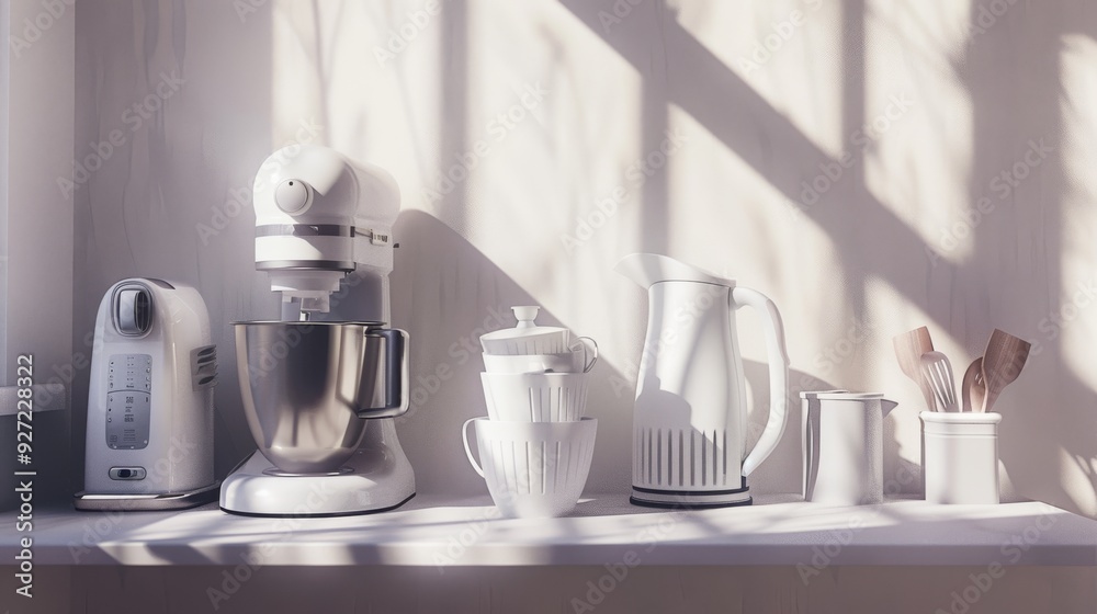 Morning sunlight illuminates a pristine kitchen countertop adorned with modern appliances and neatly arranged utensils. Morning sunlight illuminates a pristine kitchen countertop adorned with modern appliances and neatly arranged utensils.