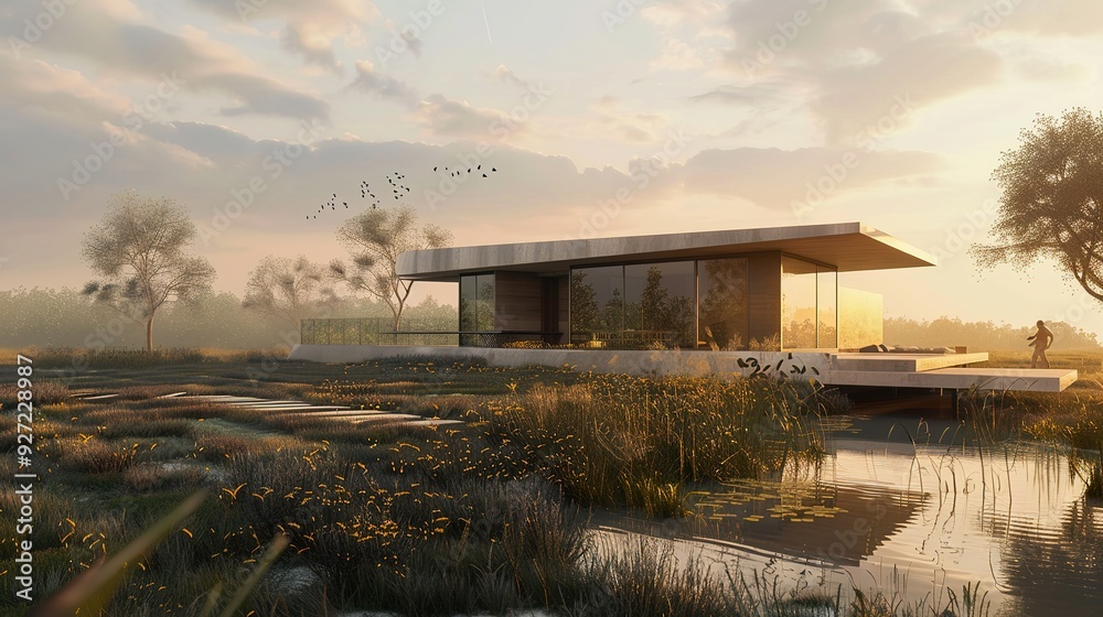 Modern house with large windows overlooking a pond. Modern house with large windows overlooking a pond.