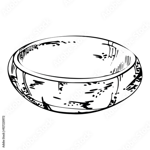 Ceramic plate dish bowl beige, for hobby, handmade, food. Hand drawn in vector pen and ink. Isolated illustration for pottery shop logo, art class, print, website, restaurant or cafe menu, booklet.