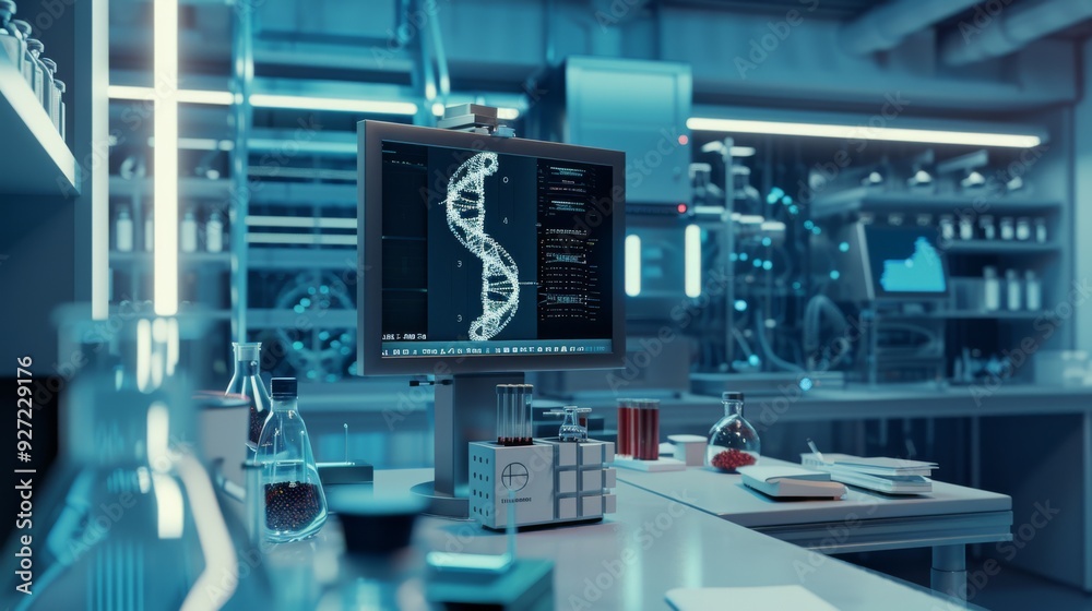 A high-tech lab with a DNA sequence displayed on a computer monitor, reflecting the advanced research environment and scientific discovery. A high-tech lab with a DNA sequence displayed on a computer monitor, reflecting the advanced research environment and scientific discovery.
