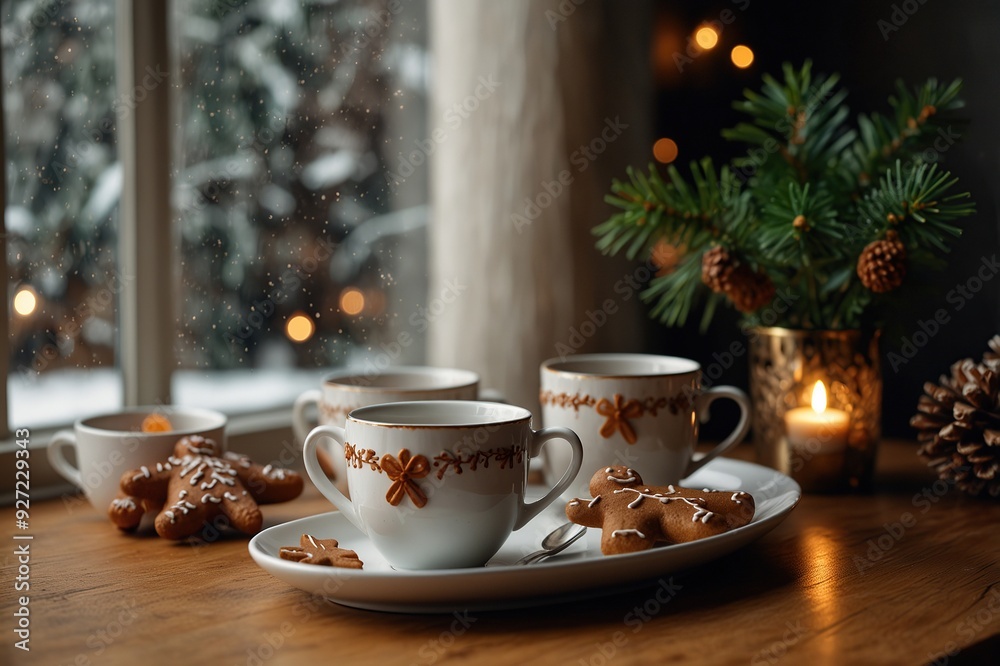 Fototapeta premium Christmas interior with coffee cups and gingerbread - mid century modern porcelain objects 