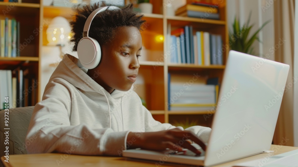 A young boy with headphones working on his laptop, surrounded by books and plants, in a brightly lit, well-organized study room. A young boy with headphones working on his laptop, surrounded by books and plants, in a brightly lit, well-organized study room.