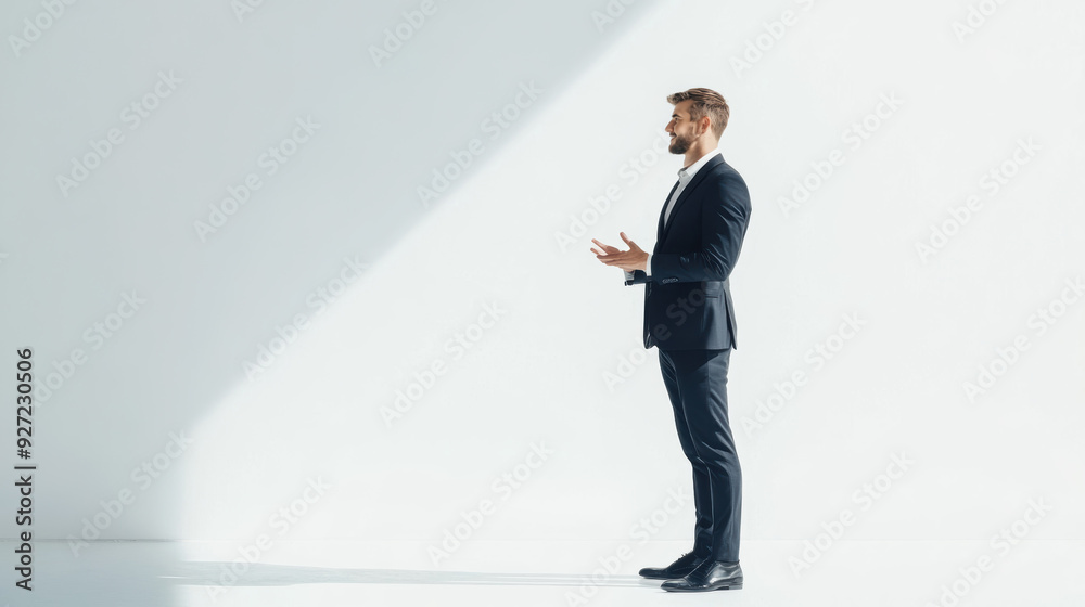 A man in a sleek business suit stands alone against a minimalist backdrop, embodying confidence and professional poise. A man in a sleek business suit stands alone against a minimalist backdrop, embodying confidence and professional poise.