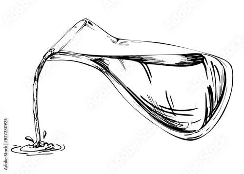 Hand drawn vector pen ink, transparent glass vase jar jug bottle pouring soy teriyaki sauce coffee with splash. Isolated illustration for wedding, cards, spa, florist shop, cafe restaurant, commerce.