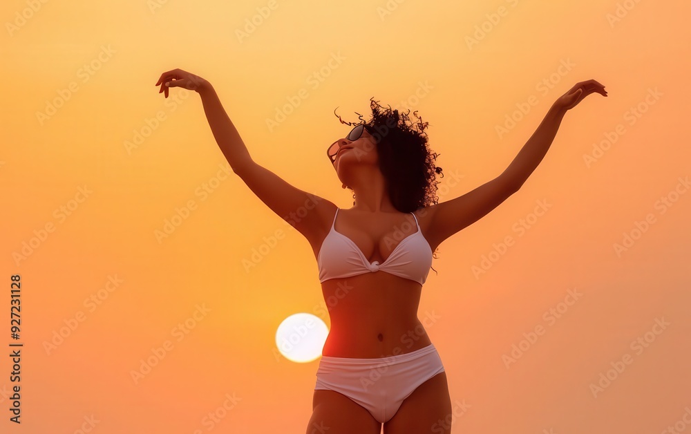 Young woman dancing on the beach at sunset, Celebration, Freedom and bliss