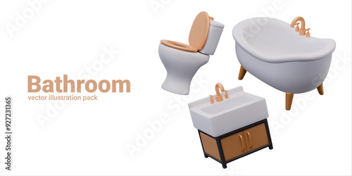 Collection of realistic bathroom fixtures. Washbasin with cabinet, bathtub, toilet with seat