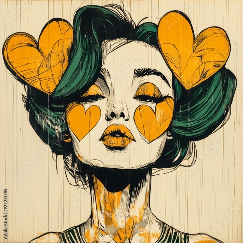 Graffitti, Street Art Portrait of woman with love hearts, sketch, cool, hipster, wall art, mural, painted, model, fifties style, glam, woman in love, green, beige, pink, hand drawn