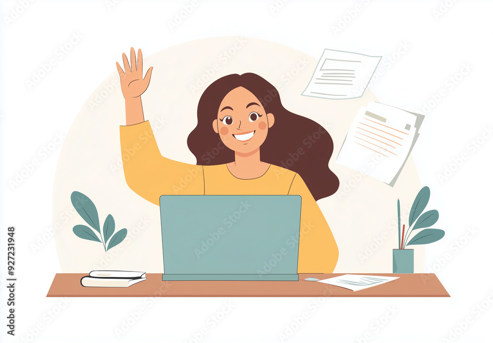 Virtual Connection: A joyful woman engaging in an online video conference with colleagues or friends, greets, smiles Virtual Connection: A joyful woman engaging in an online video conference with colleagues or friends, greets, smiles