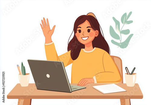 Virtual Connection: A joyful girl engaging in an online video conference with colleagues or friends, greets, smiles