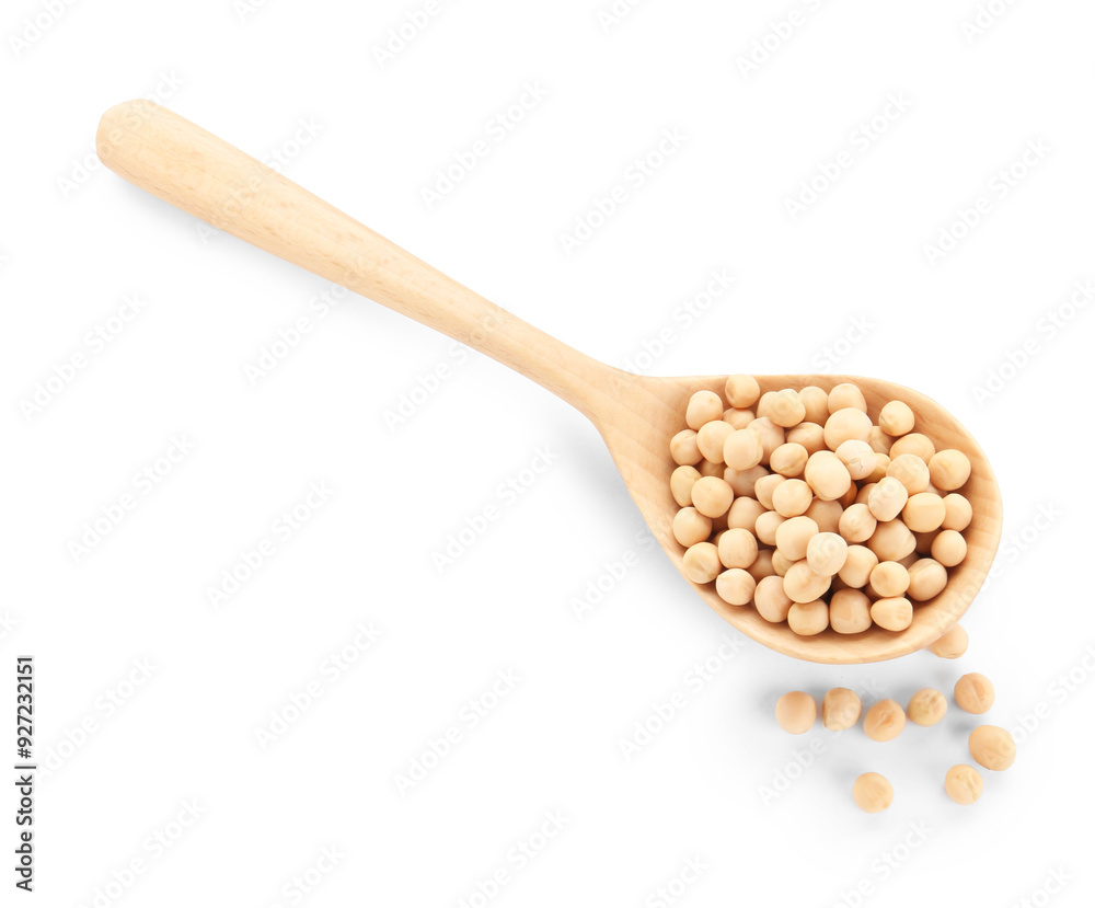 Spoon with dried peas isolated on white, top view Spoon with dried peas isolated on white, top view