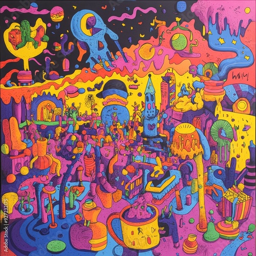 Psychedelic art with colorful shapes and figures in a surreal landscape.