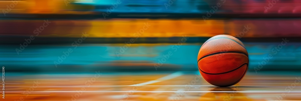 Naklejka premium A basketball sits on a wooden court with a blurred background of colorful lines, symbolizing the energy, movement, and competition of the game.