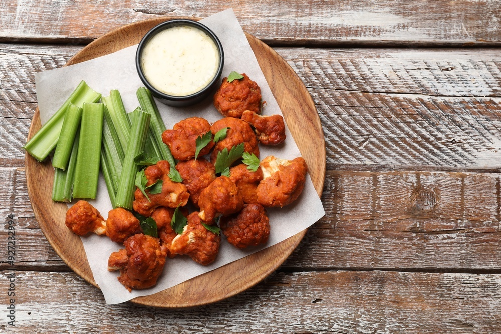 Baked cauliflower buffalo wings with celery and sauce on wooden table, top view. Space for text Baked cauliflower buffalo wings with celery and sauce on wooden table, top view. Space for text