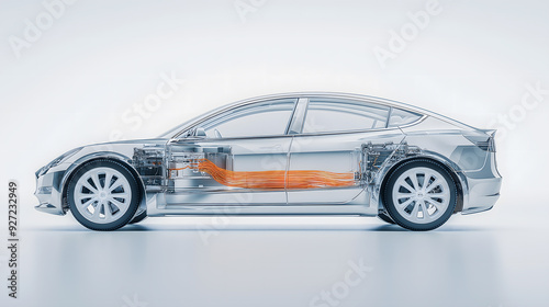 Side View of a Futuristic Electric Car with Transparent Body and Highlighted High-Voltage Connectors