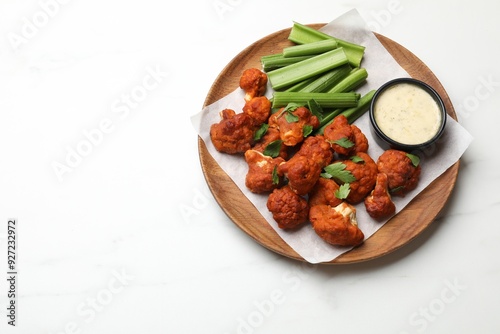 Baked cauliflower buffalo wings with celery and sauce on white table, top view. Space for text