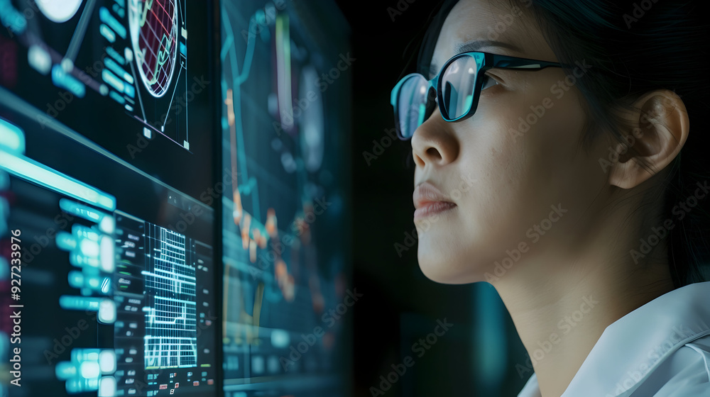 Woman Looking at Data on Computer Screens - Realistic Image Woman Looking at Data on Computer Screens - Realistic Image