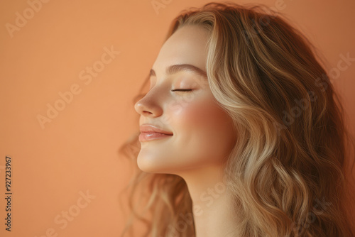 A close up of a woman's face with her eyes closed and long blond hair