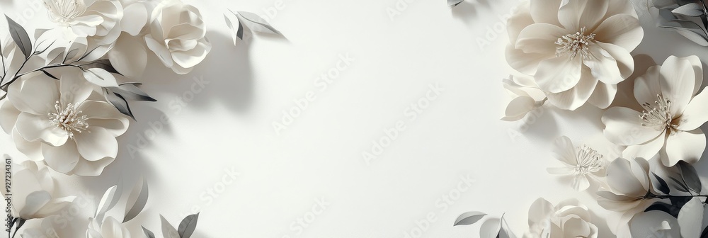 A delicate arrangement of white flowers and leaves forms a natural frame around a blank white background, symbolizing purity, elegance, simplicity, nature, and growth. A delicate arrangement of white flowers and leaves forms a natural frame around a blank white background, symbolizing purity, elegance, simplicity, nature, and growth.