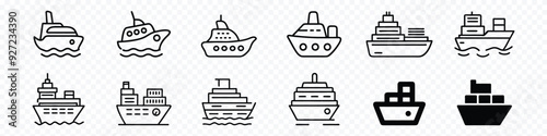  ship icon, Boat ship silhouette logo design creative idea, Set of fishing boats icons isolated on a transparent background, Ships, boats, cargo, logistics, transportation and shipping icons