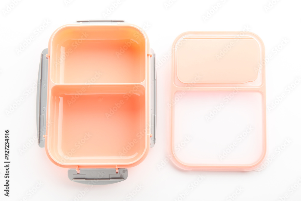 Plastic lunch box and lid isolated on white, top view Plastic lunch box and lid isolated on white, top view