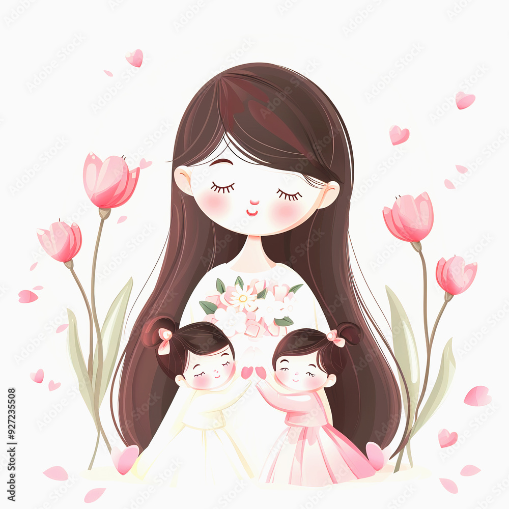 A Mother with Two Daughters Surrounded by Flowers and Hearts A Mother with Two Daughters Surrounded by Flowers and Hearts