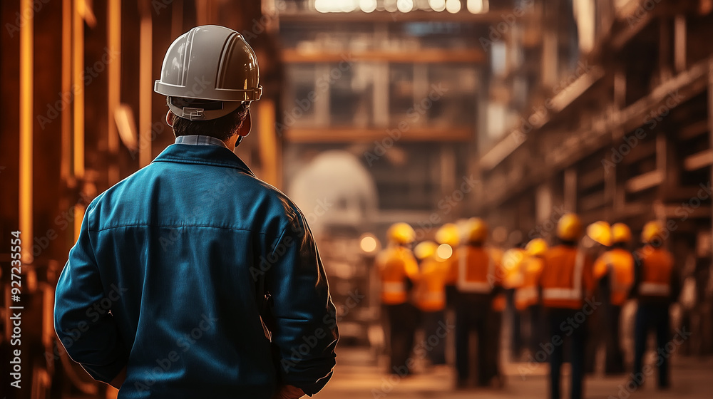 Group of Workers Wearing Hard Hats Observing Production Line in a Steel Factory with Glowing Lights and Machinery in Background, Team Collaboration in Industrial Plant Group of Workers Wearing Hard Hats Observing Production Line in a Steel Factory with Glowing Lights and Machinery in Background, Team Collaboration in Industrial Plant