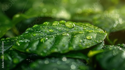 Close-up of Dew-Covered Leaf in Lush Greenery with Morning Sunlight