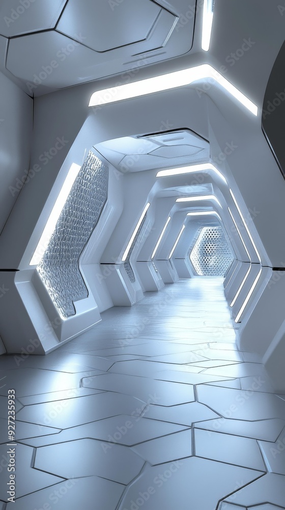 Obraz premium A futuristic hallway with white walls and a hexagonal tiled floor. The hallway is lit by bright, white lights, creating a sense of progress and innovation. The design symbolizes technology, advancemen