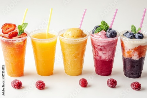 Juices and Floats in Plastic Cup on white background created with Generative AI