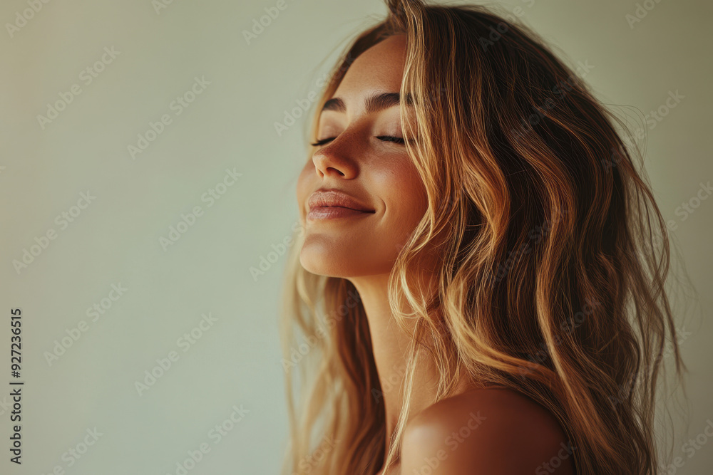 A close up of a woman's face with her eyes closed and long blond hair A close up of a woman's face with her eyes closed and long blond hair