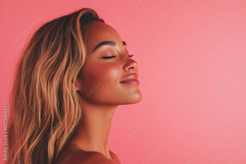 A close up of a woman's face with her eyes closed and long blond hair A close up of a woman's face with her eyes closed and long blond hair