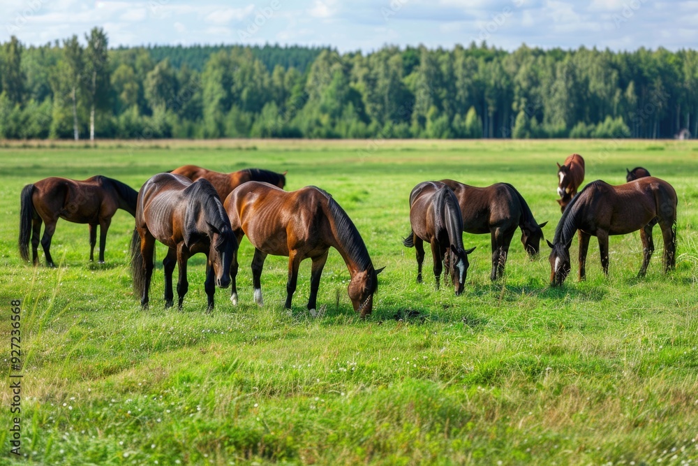 Horses Field. Herd of Thoroughbred Horses Grazing on Pasture in Rural Animal Farm Horses Field. Herd of Thoroughbred Horses Grazing on Pasture in Rural Animal Farm
