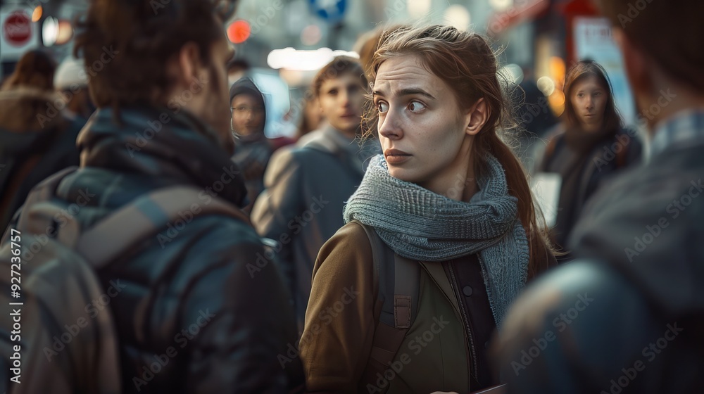 Woman Observing Crowd Behavior - Reflecting on Philosophy of Ethics Woman Observing Crowd Behavior - Reflecting on Philosophy of Ethics