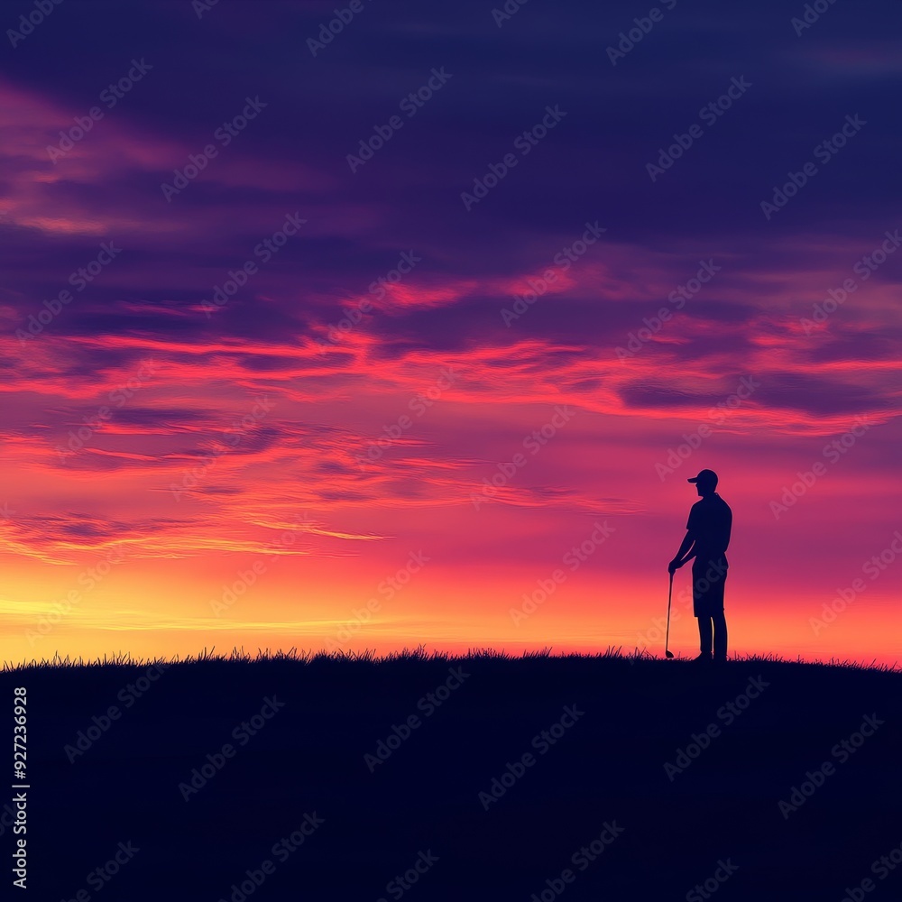 A lone golfer stands silhouetted against a vibrant sunset sky, symbolizing peace, solitude, achievement, and the beauty of nature.