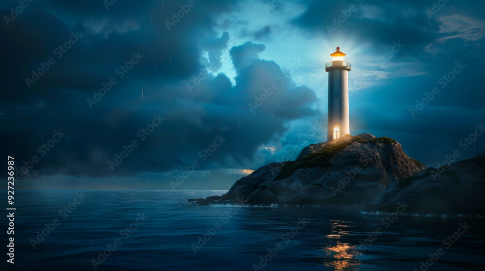 A lighthouse is lit up in the dark, with the water in the background. Scene is calm and peaceful, as the lighthouse stands tall and steady against the dark sky A lighthouse is lit up in the dark, with the water in the background. Scene is calm and peaceful, as the lighthouse stands tall and steady against the dark sky