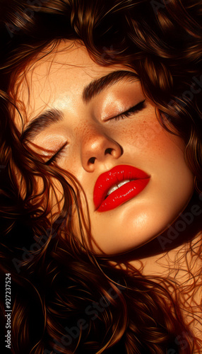 A close-up portrait of a woman with luscious red lips and curly hair, exuding beauty and confidence in a soft, dreamy light.