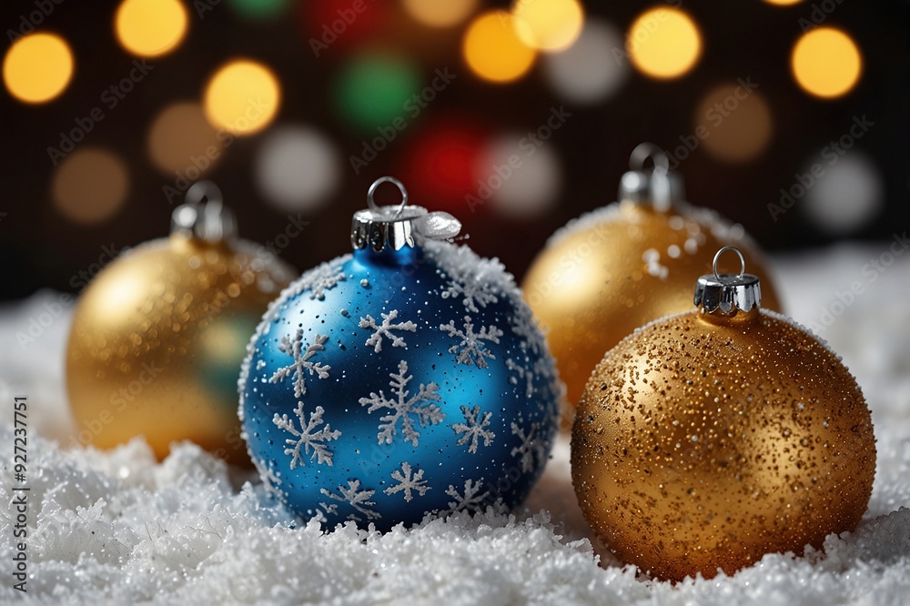 Christmas decoration with balls and snow - close up Christmas decoration with balls and snow - close up