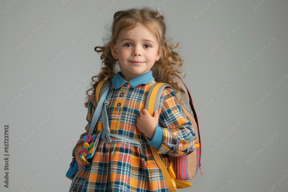 Adorable little girl wearing a plaid shirt with a backpack standing against a light grey background. Adorable little girl wearing a plaid shirt with a backpack standing against a light grey background.