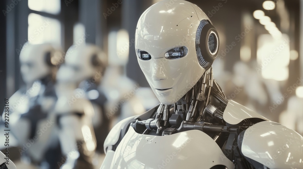 Futuristic Humanoid Robot Giving Instructions in Smart Factory Futuristic Humanoid Robot Giving Instructions in Smart Factory