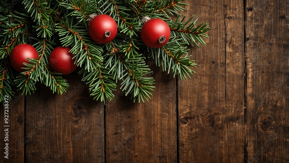 Christmas Holiday Evergreen Pine Branches and Red Berries Over Wood Background, Copy Space Christmas Holiday Evergreen Pine Branches and Red Berries Over Wood Background, Copy Space