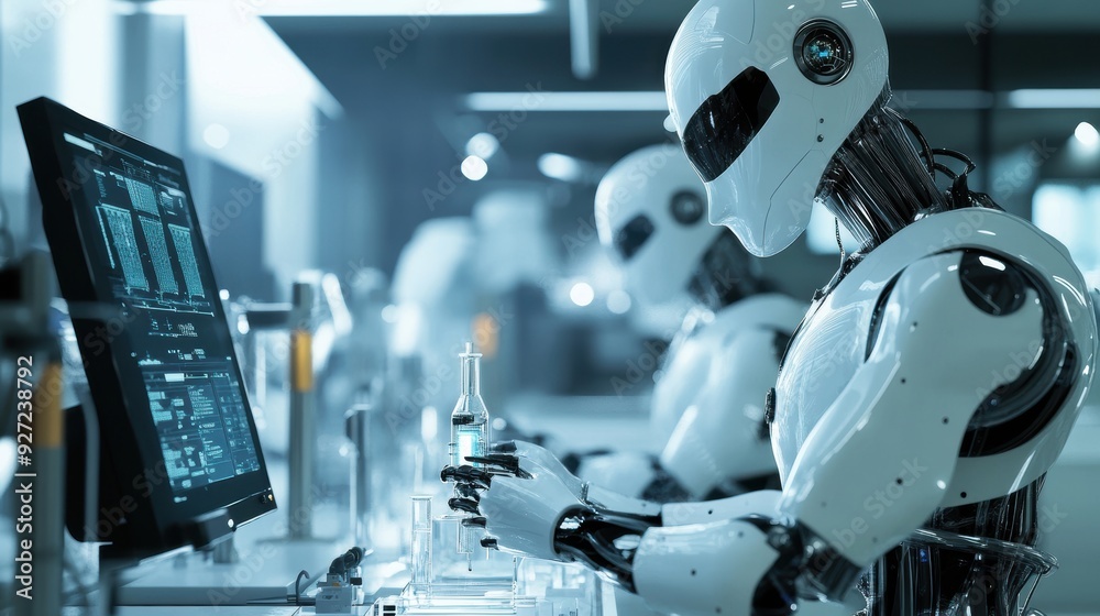 Futuristic Robots Engaged in Scientific Research in a Technologically Advanced Laboratory Futuristic Robots Engaged in Scientific Research in a Technologically Advanced Laboratory