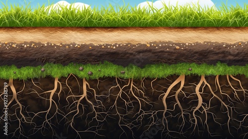 A vector graphic showing a cross-section of soil with grass growing on top, detailing the roots and earth layers beneath a lush green surface.