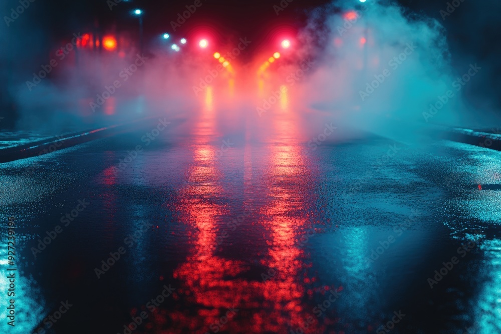 Empty, wet road with colorful lights. This image is great for websites or designs that require a nighttime, urban feel.