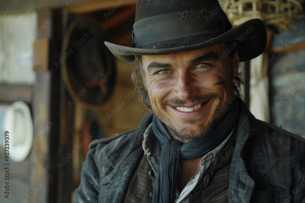 A man with a black cowboy hat smiles at the camera. He has a goatee and is wearing a blue scarf A man with a black cowboy hat smiles at the camera. He has a goatee and is wearing a blue scarf