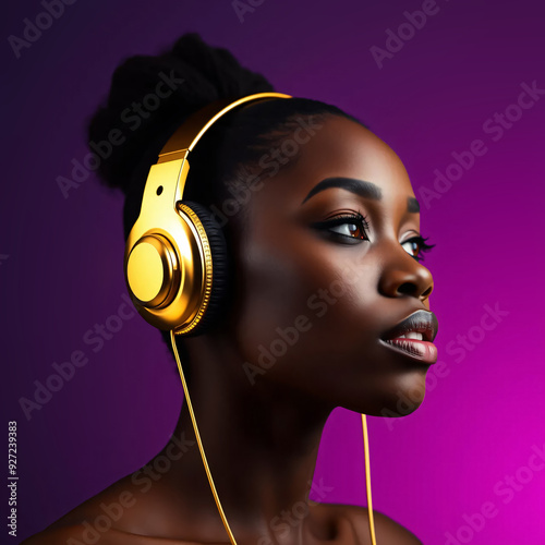 portrait of a young african woman listening to music with golden headphones photo